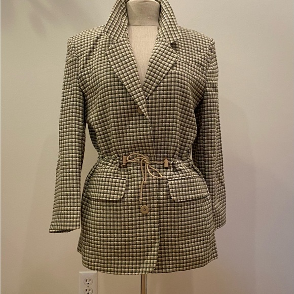 Jordan & Cole Womens Blazer w Ties to Cinch Waist / White, Green Tan Check / M - Picture 8 of 15